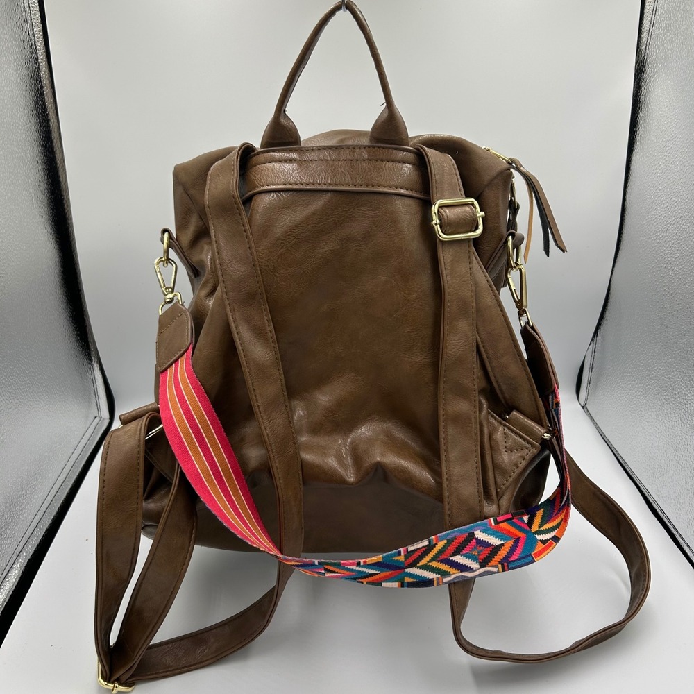 Unbranded Backpack Purse‎ Womens Medium Brown Faux Leather Guitar Strap Boho - Picture 5 of 12
